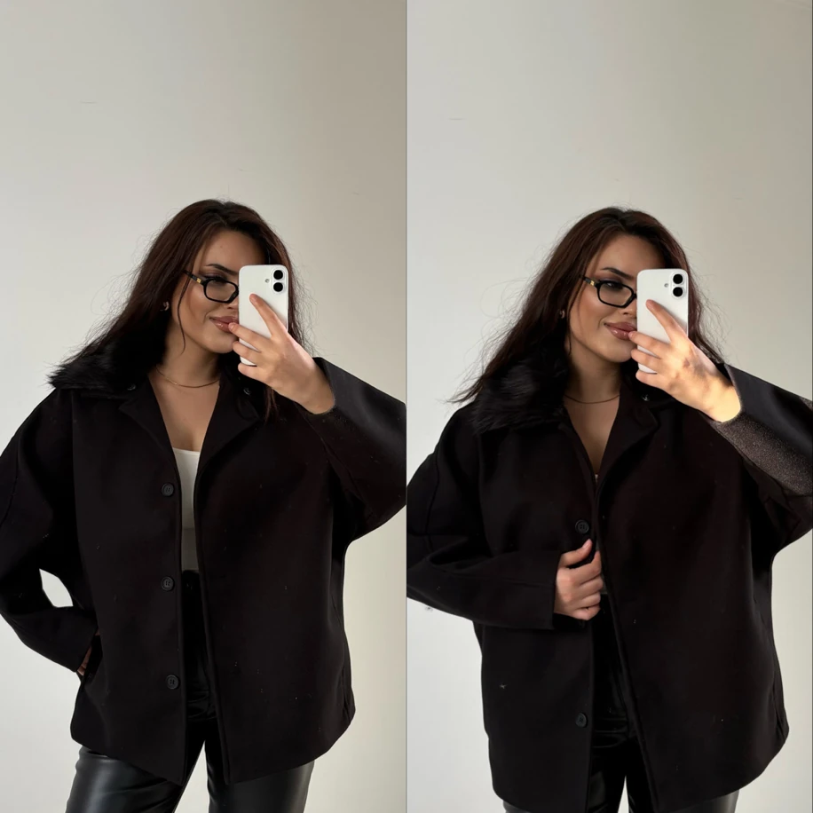 Kaşe çıkarılabilir kürklü kaban siyah