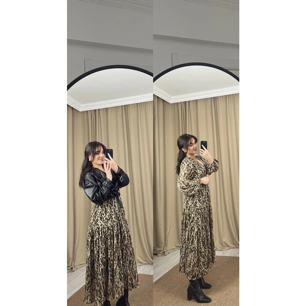 V yaka şifon leopar elbise