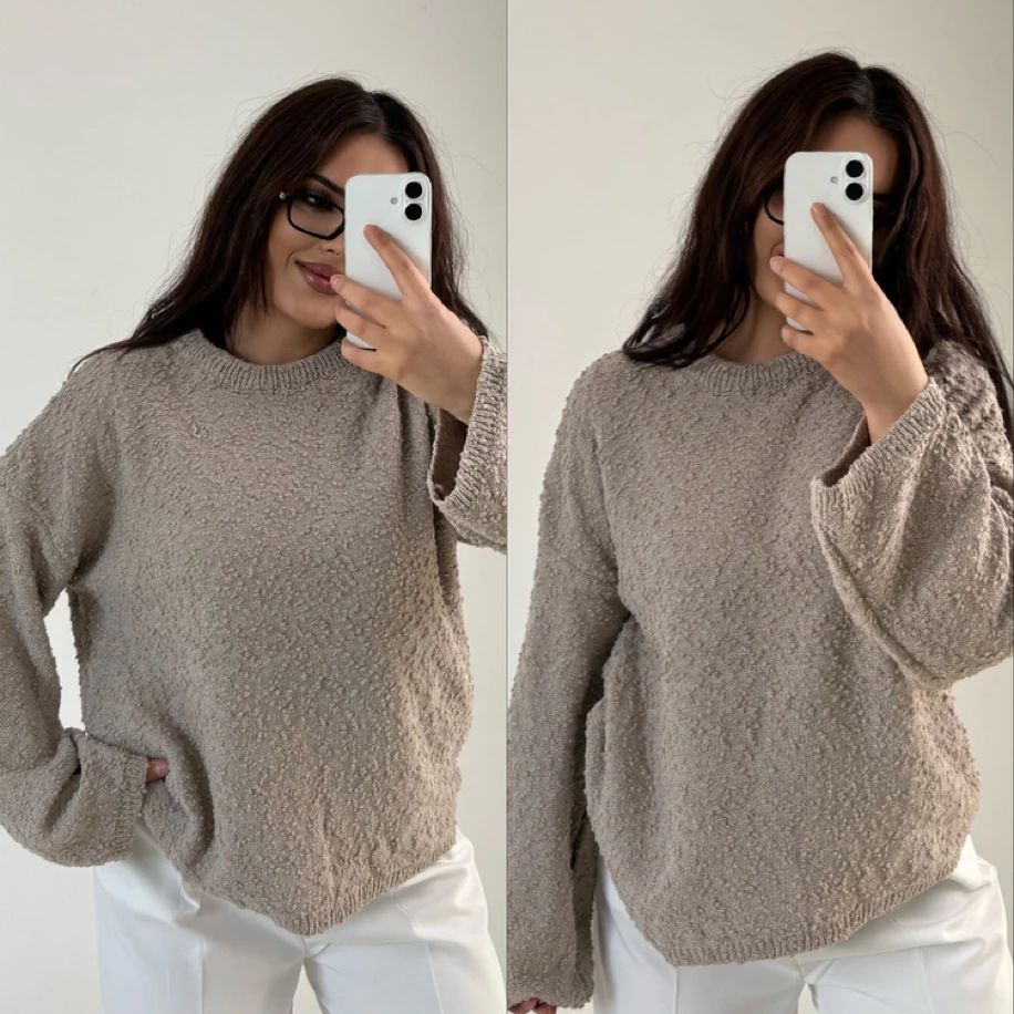 Kabartmalı triko kazak bej