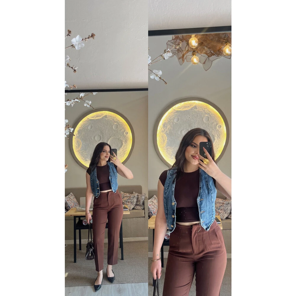 Zara model yüksek bel kumaş pantolon kahverengi