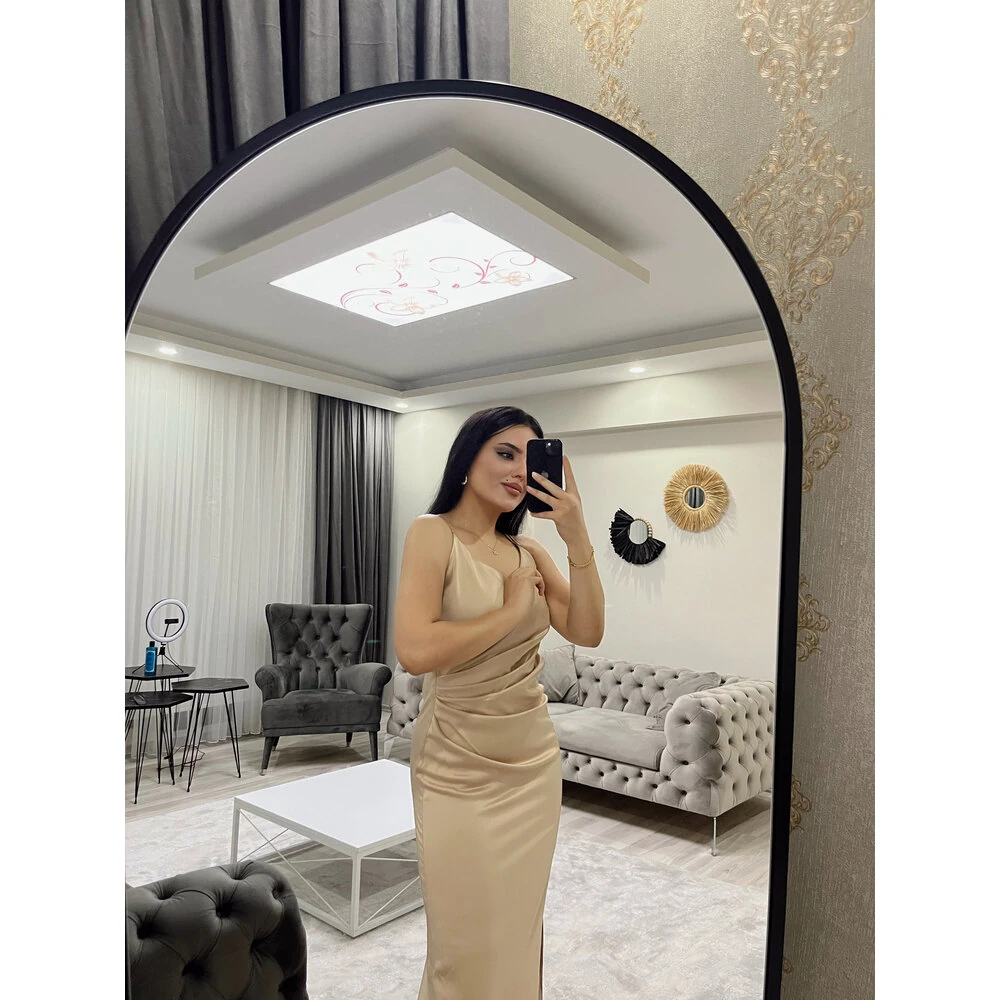 askılı saten elbise bej