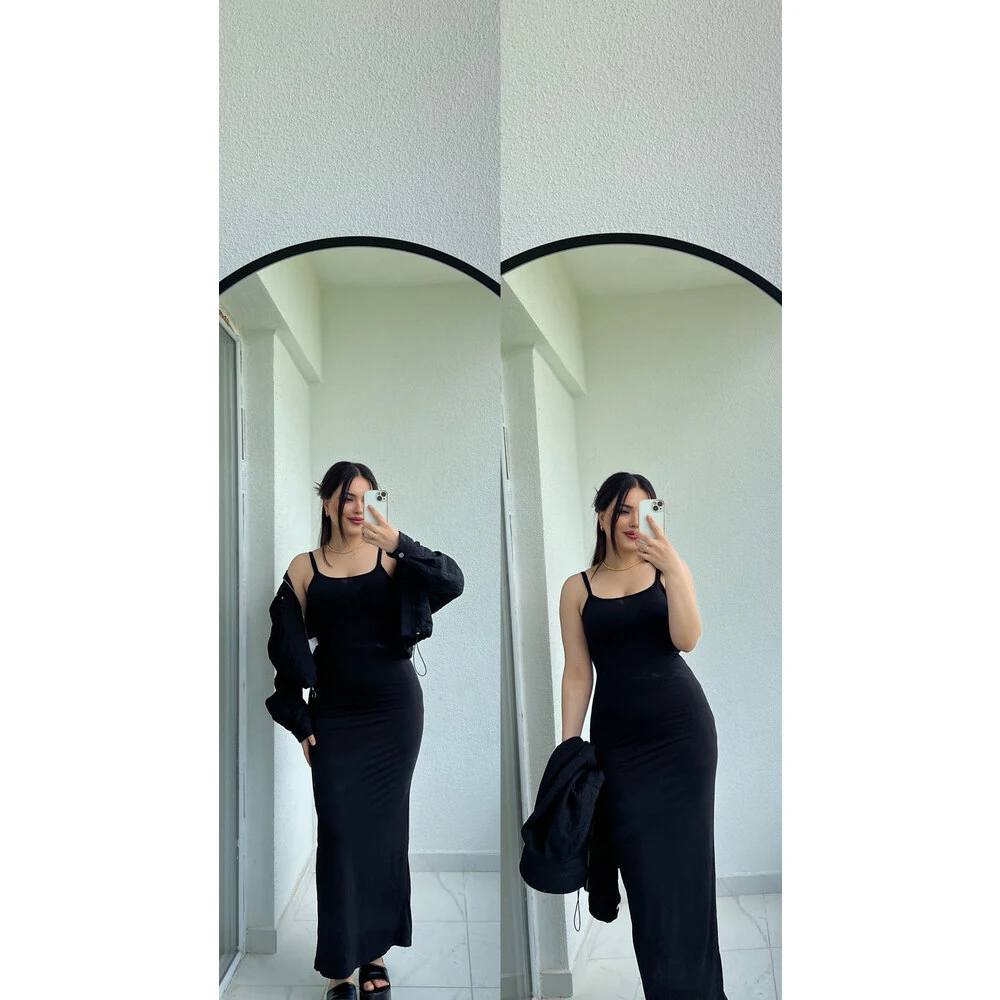 Basıc askılı uzun elbise siyah