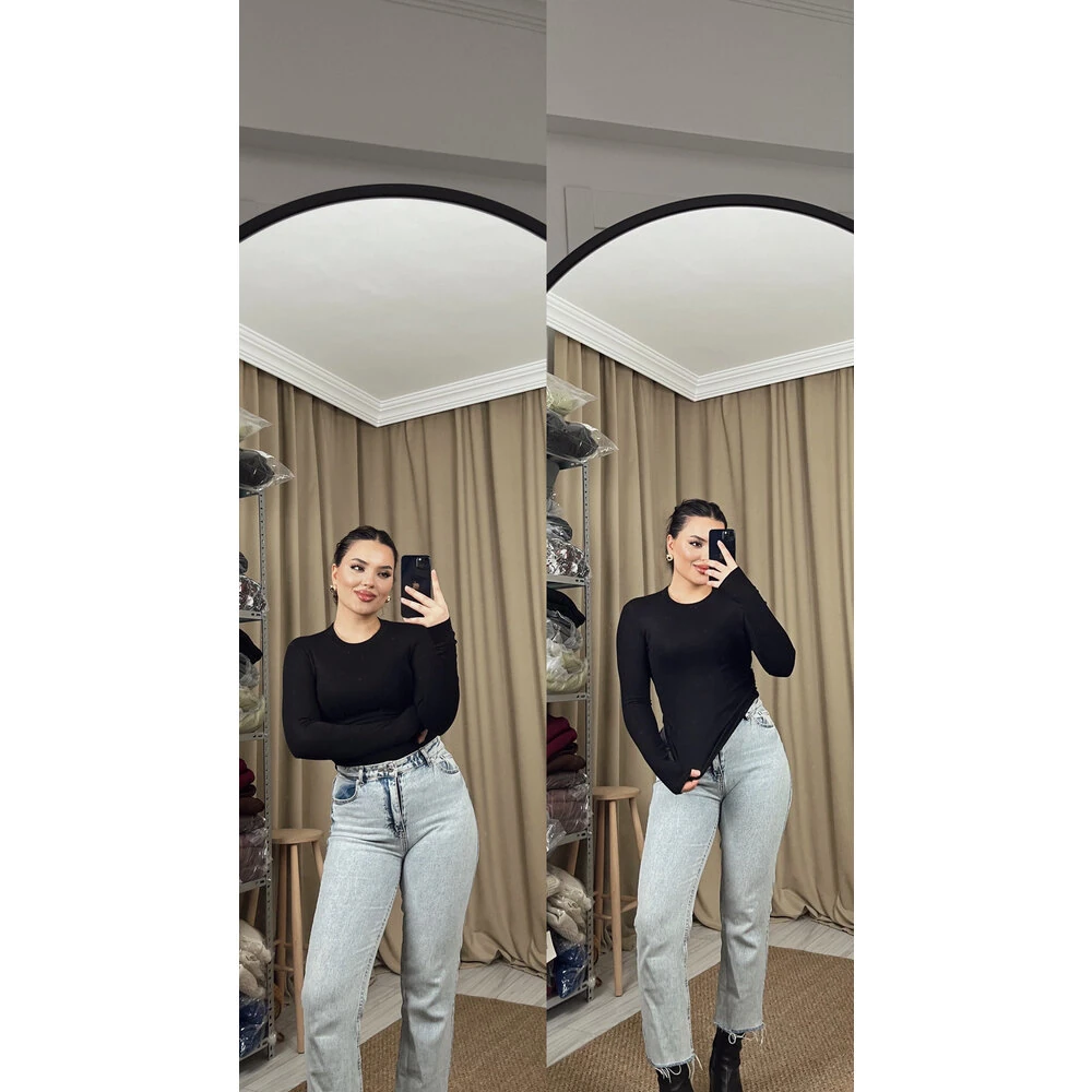 Bisiklet yaka oys uzun kol parmak geçmeli body siyah