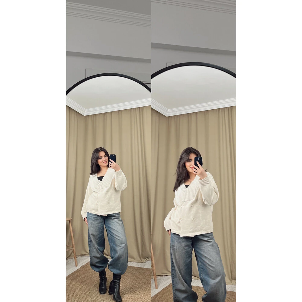 Düğmeli kruvaze yaka hırka krem