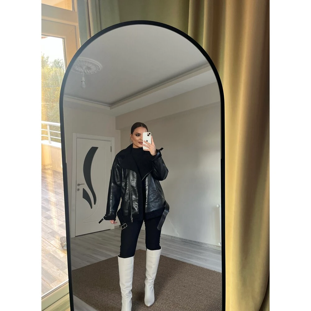 uzun deri biker mont siyah