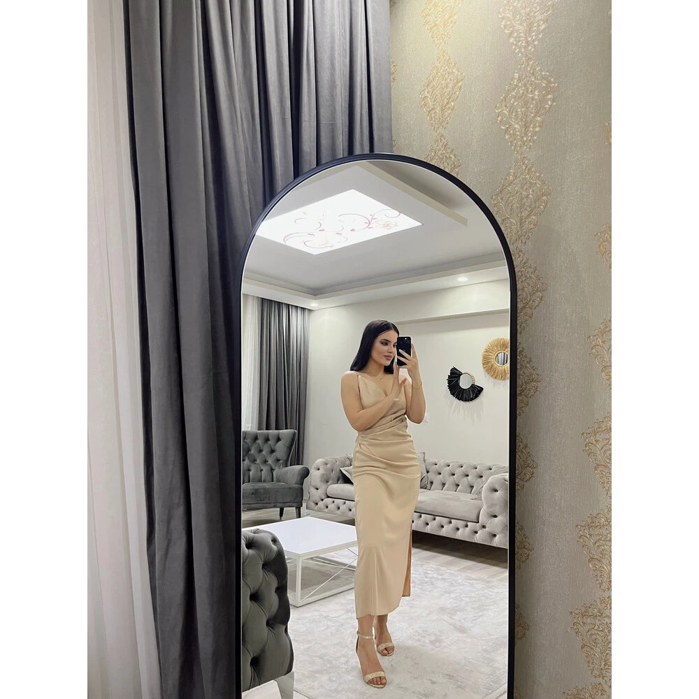 askılı saten elbise bej