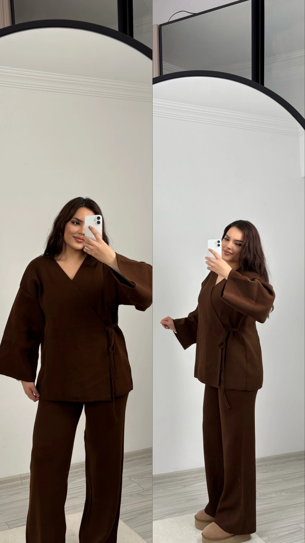 bağlamalı triko takım kahverengi