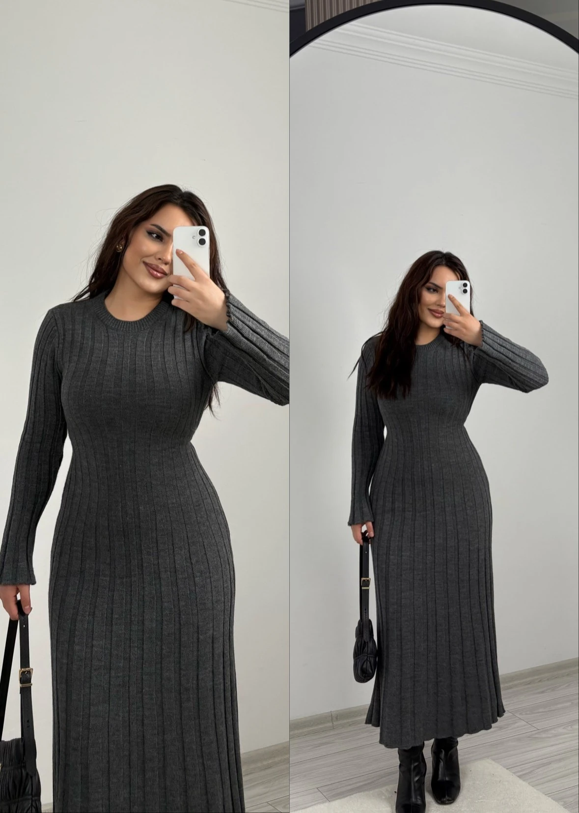 Belden bağlamalı triko elbise antrasit