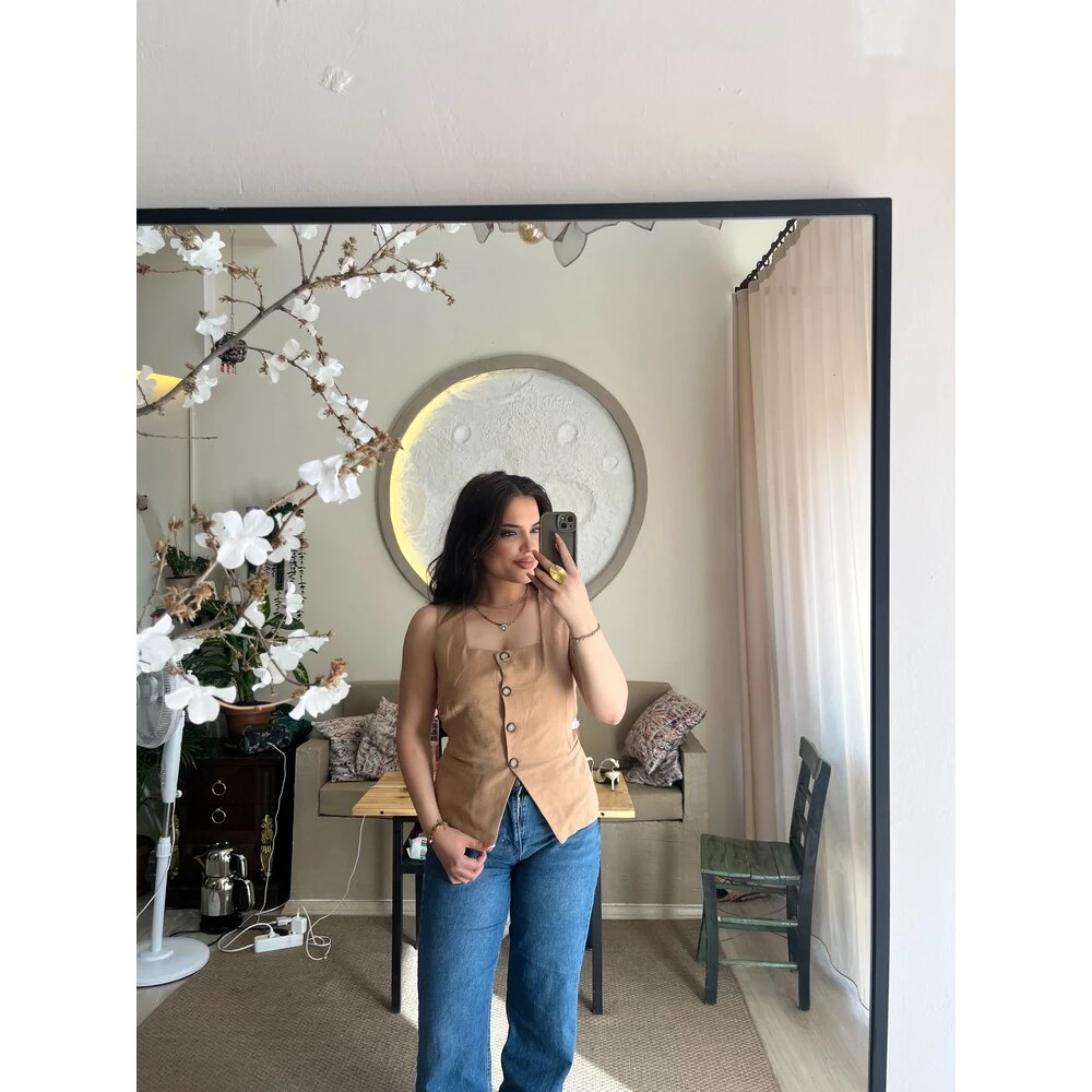 Bağlama detaylı yelek bej