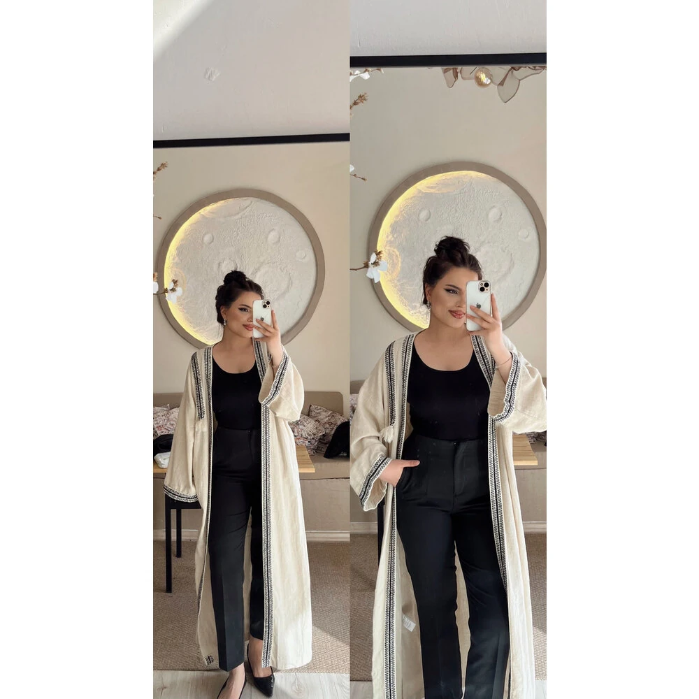 Keten uzun kimono taş