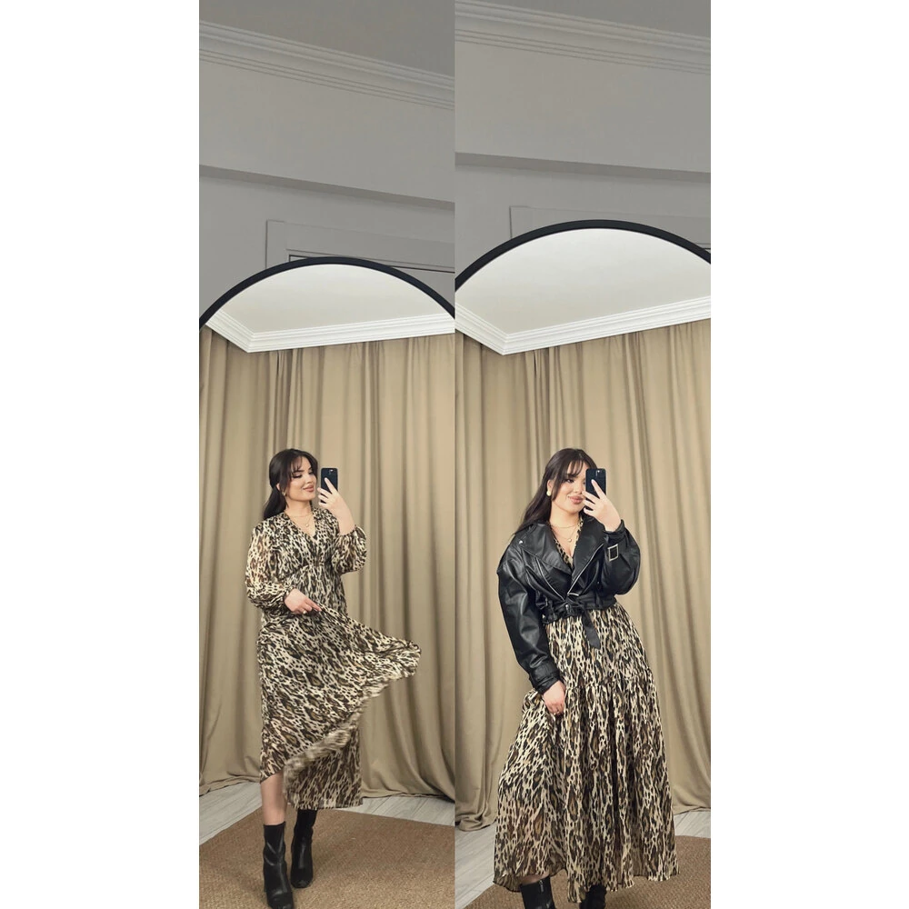 V yaka şifon leopar elbise