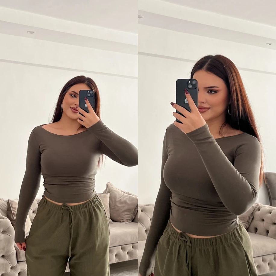 Kayık yaka oys uzun kol body haki