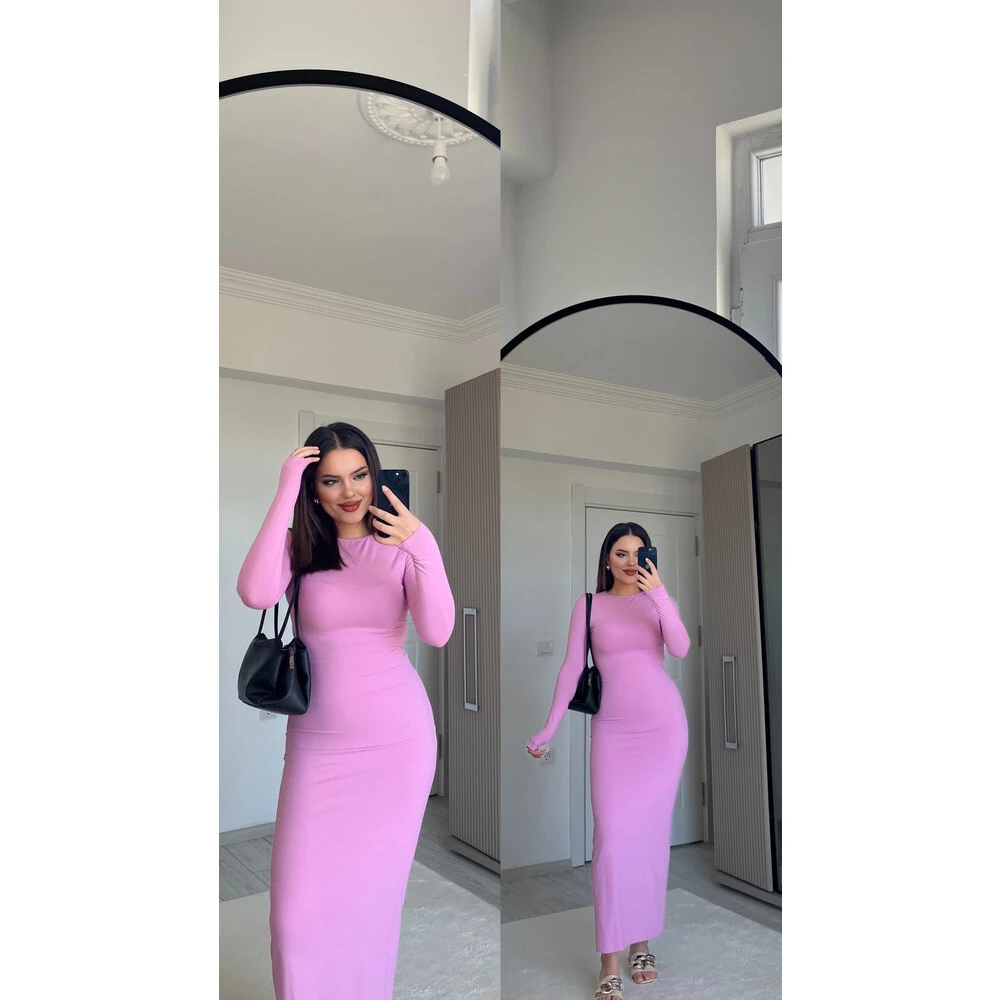 Pembe uzun kol maxi elbise