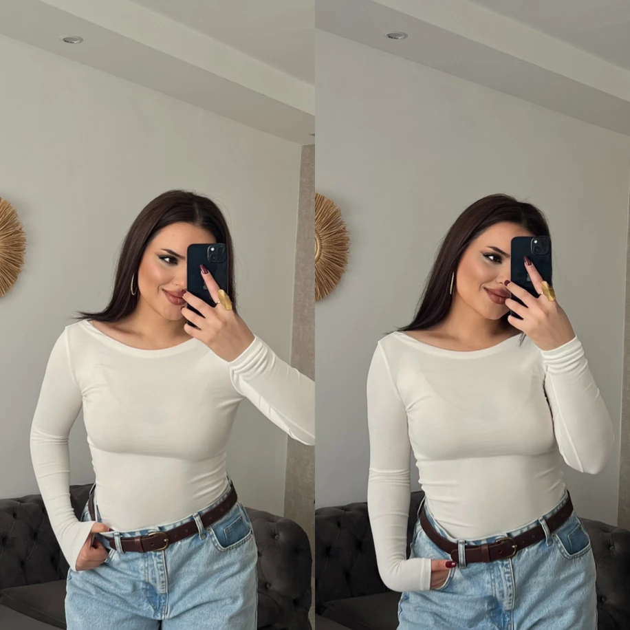 Kayık yaka oys uzun kol body ekru