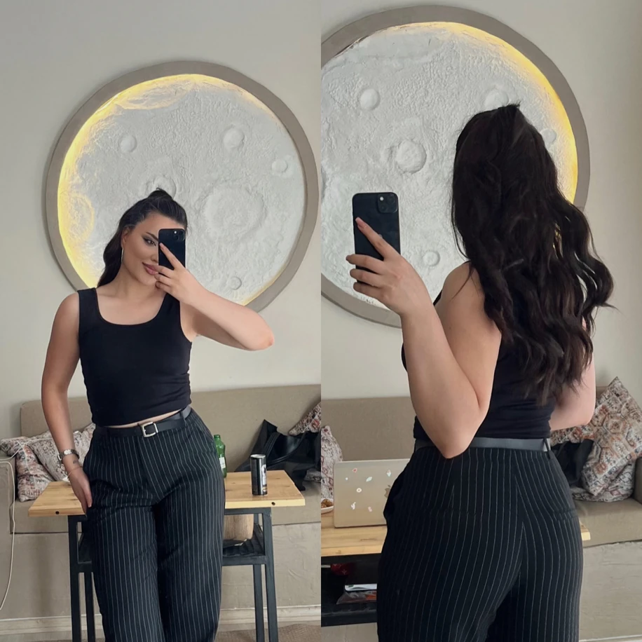 Kemerli çizgili palazzo pantolon siyah