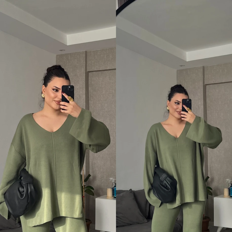 V yaka triko ikili takım yeşil
