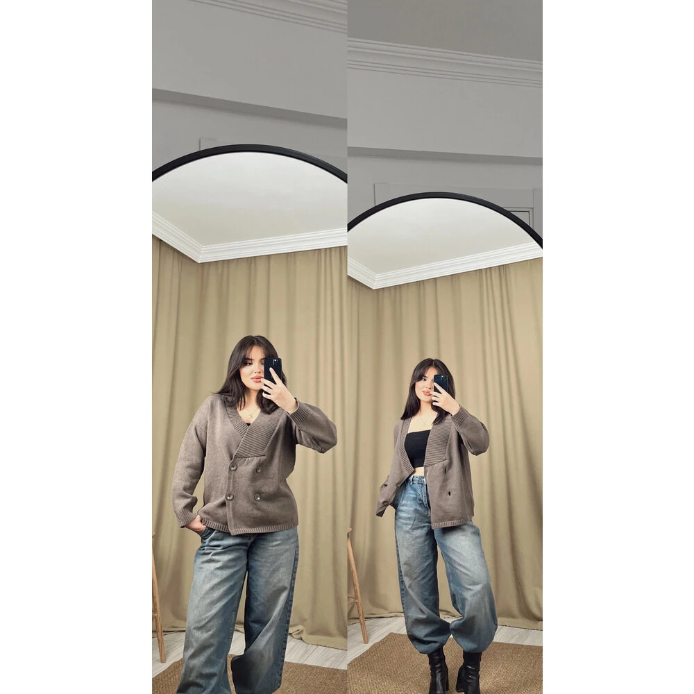 Düğmeli kruvaze yaka hırka kahverengi