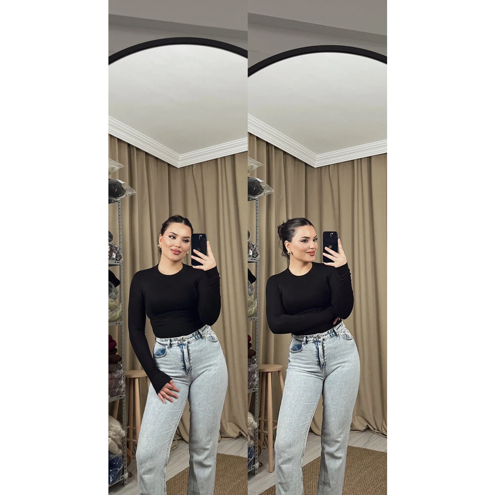 Bisiklet yaka oys uzun kol parmak geçmeli body siyah