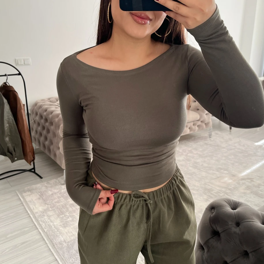 Kayık yaka oys uzun kol body haki