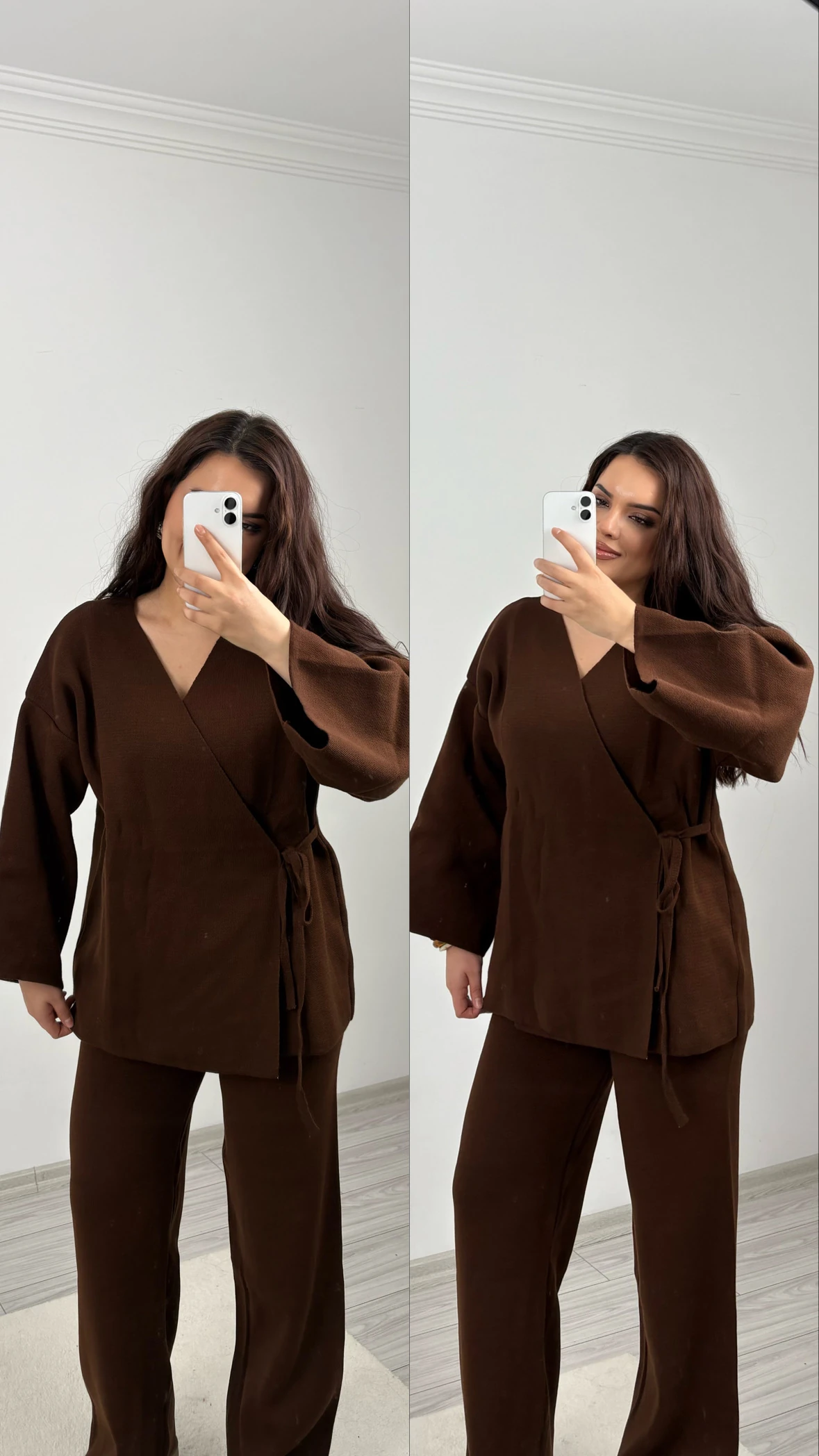 bağlamalı triko takım kahverengi