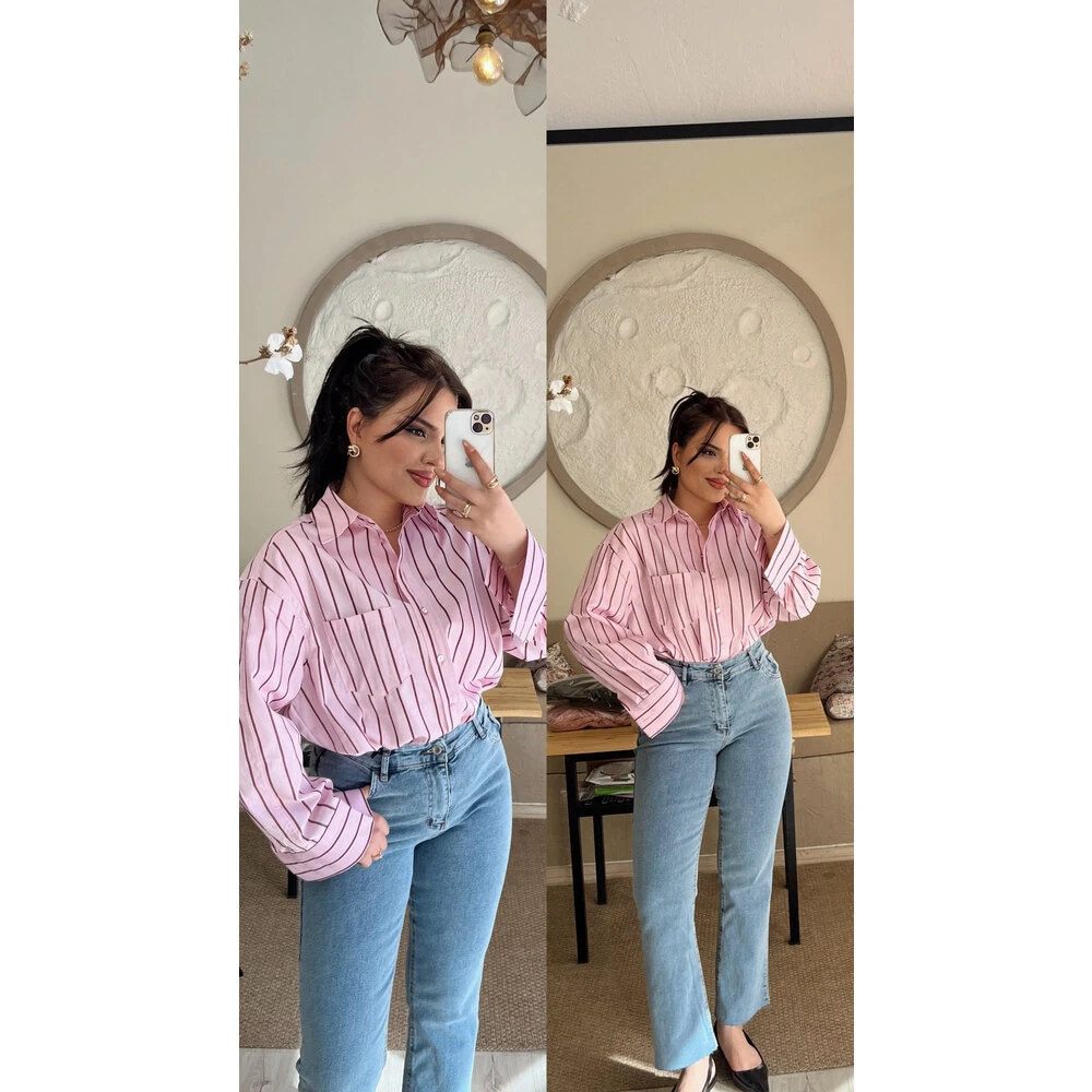 Çizgili premium gömlek pembe