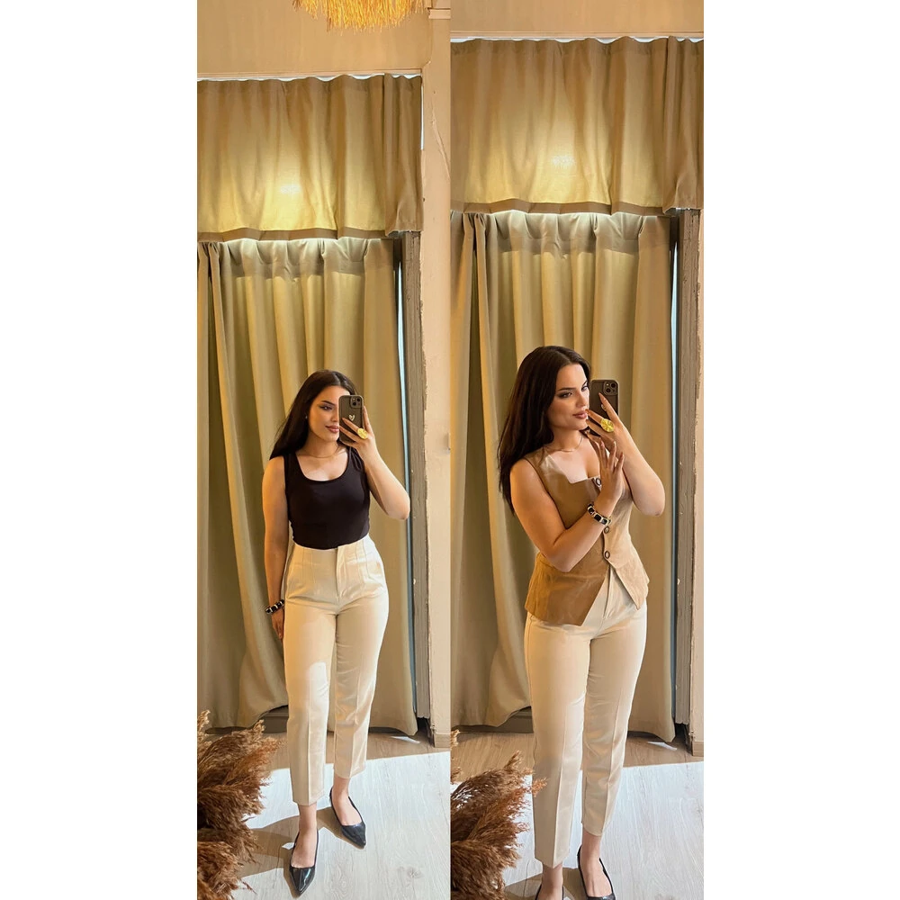 Zara model yüksek bel kumaş pantolon krem