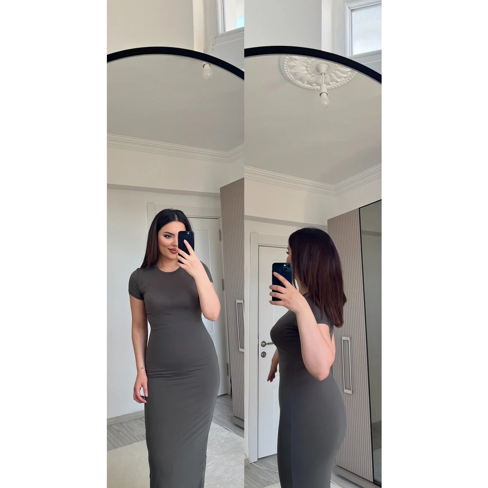 Haki kısa kol uzun elbise