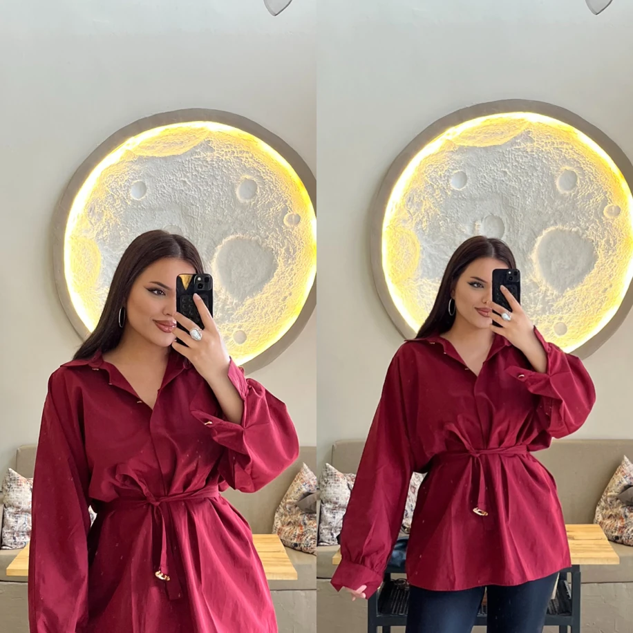 Bel kuşak detaylı gömlek bordo