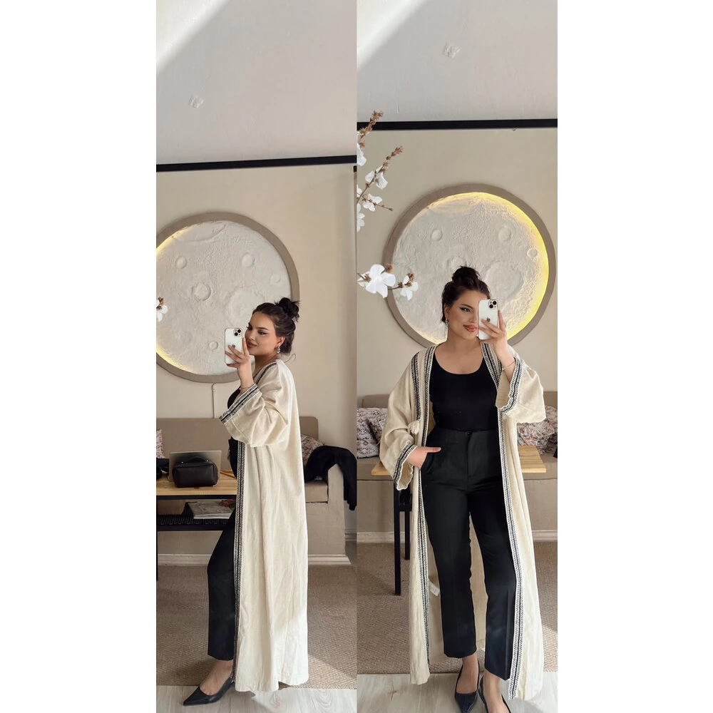 Keten uzun kimono taş