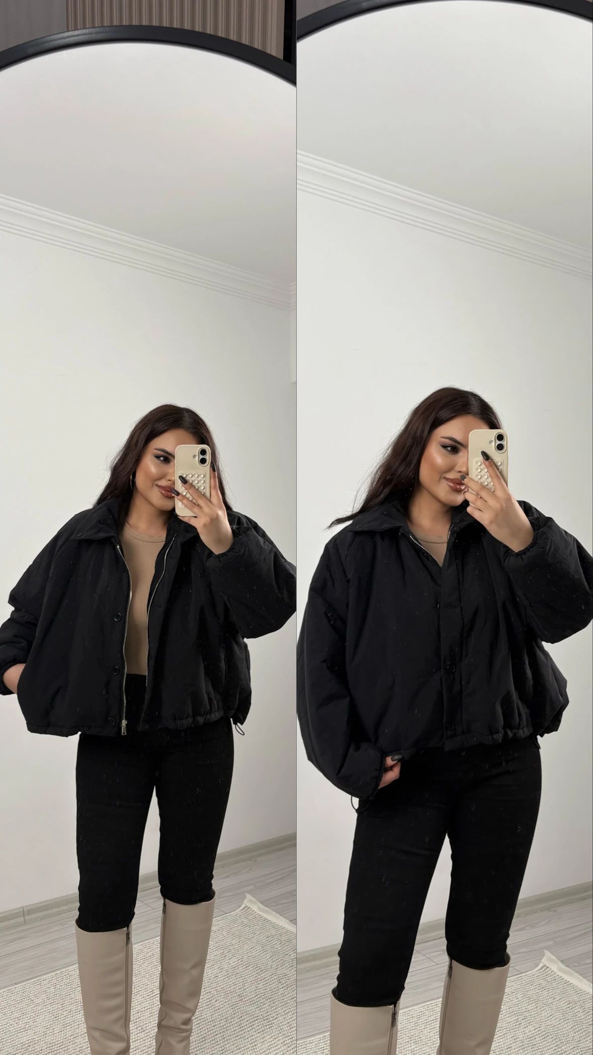 dik yakalı şişme mont siyah