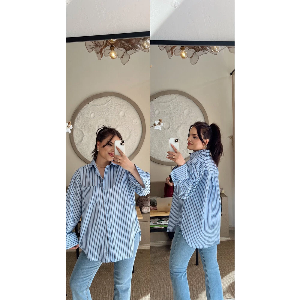 Çizgili premium gömlek mavi