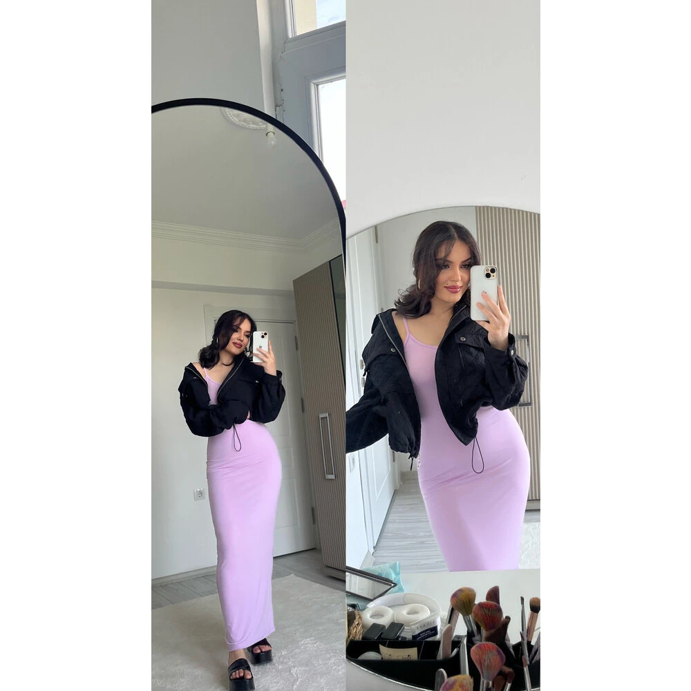 Basıc askılı uzun elbise lila