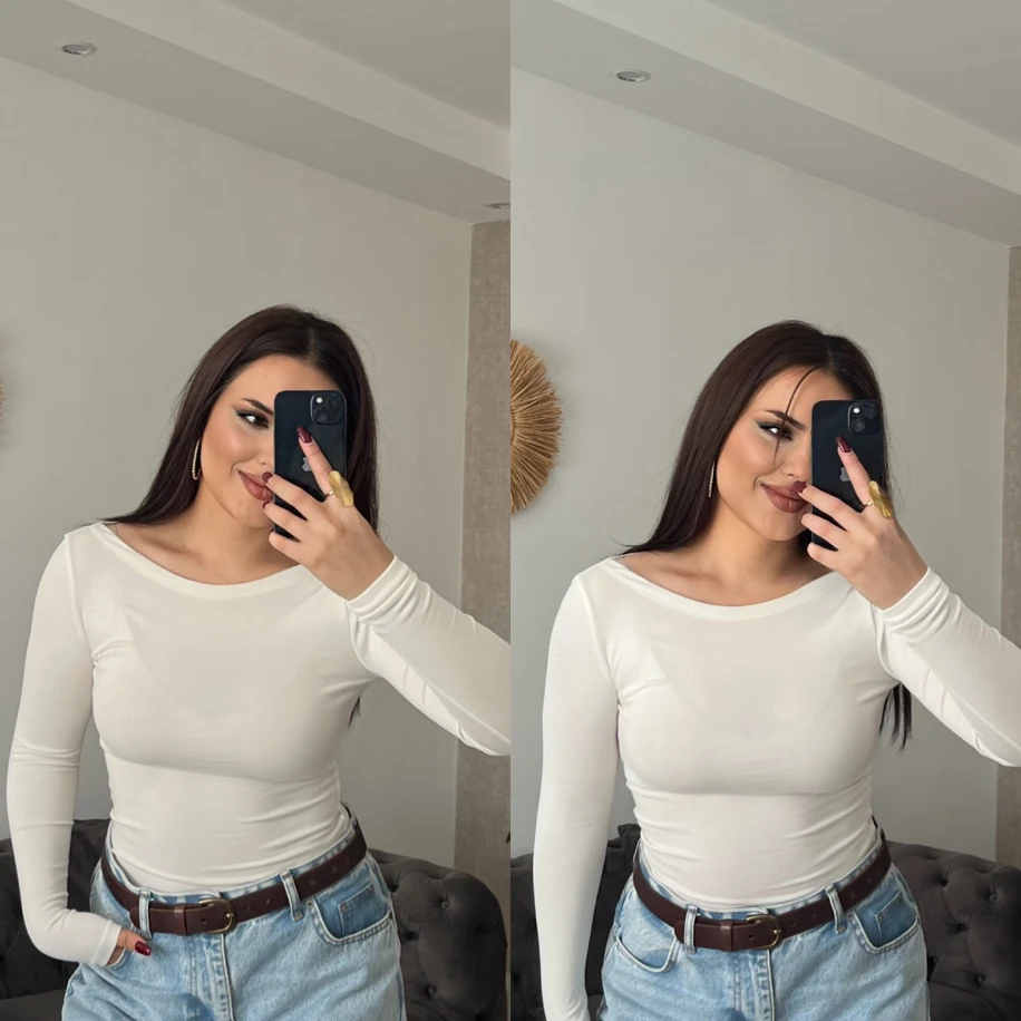 Kayık yaka oys uzun kol body ekru