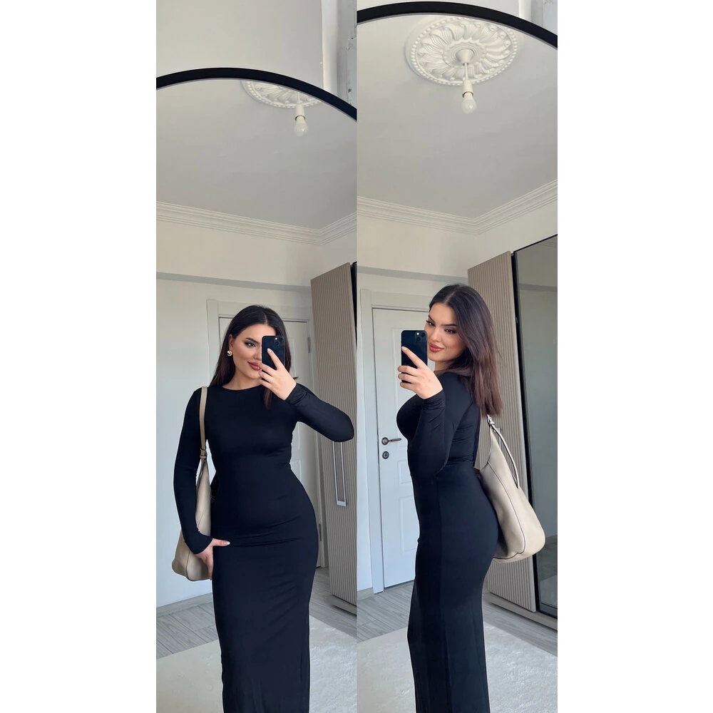 Siyah uzun kol maxi elbise