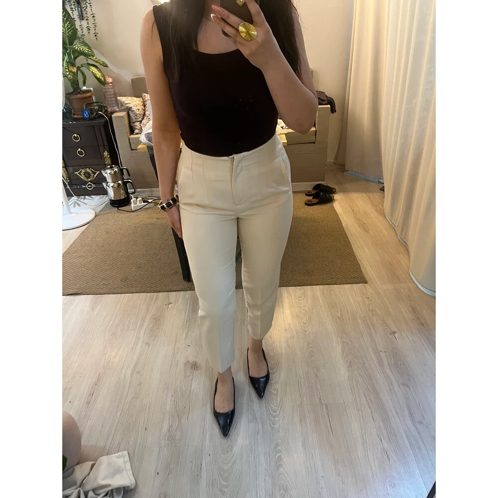 Zara model yüksek bel kumaş pantolon krem