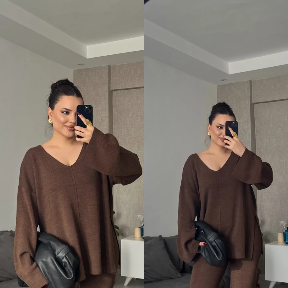 V yaka triko ikili takım kahverengi