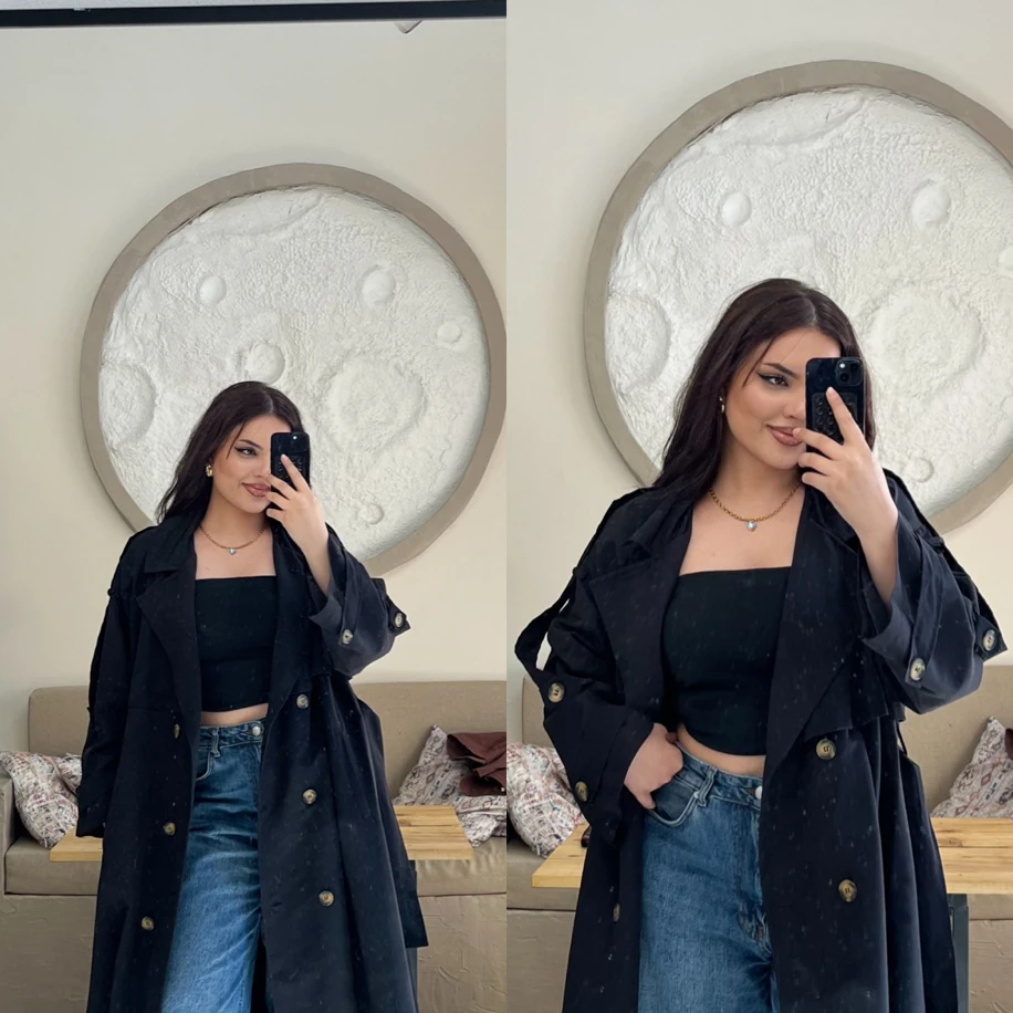 Premium uzun trençkot siyah