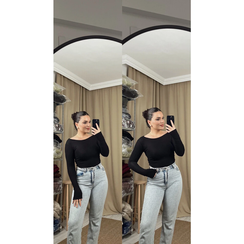 Kayık yaka oys uzun kol body siyah