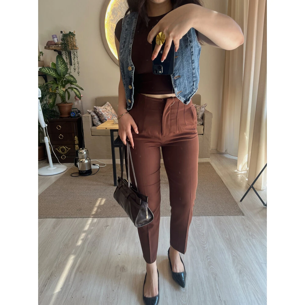 Zara model yüksek bel kumaş pantolon kahverengi