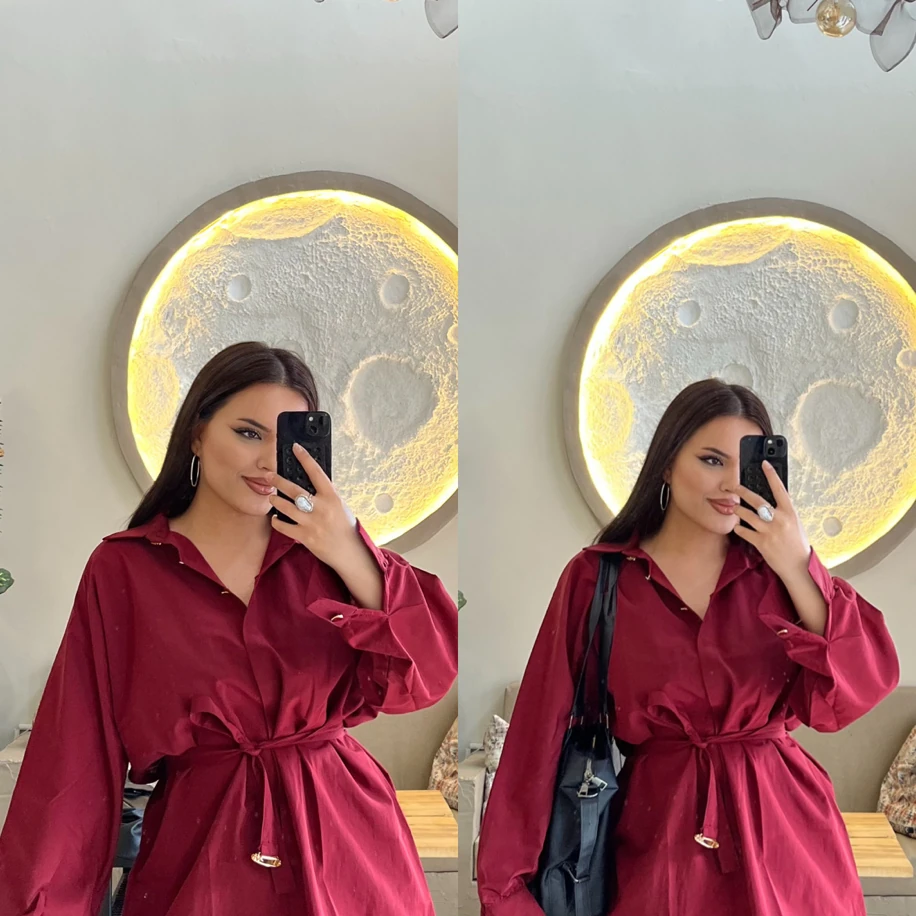 Bel kuşak detaylı gömlek bordo