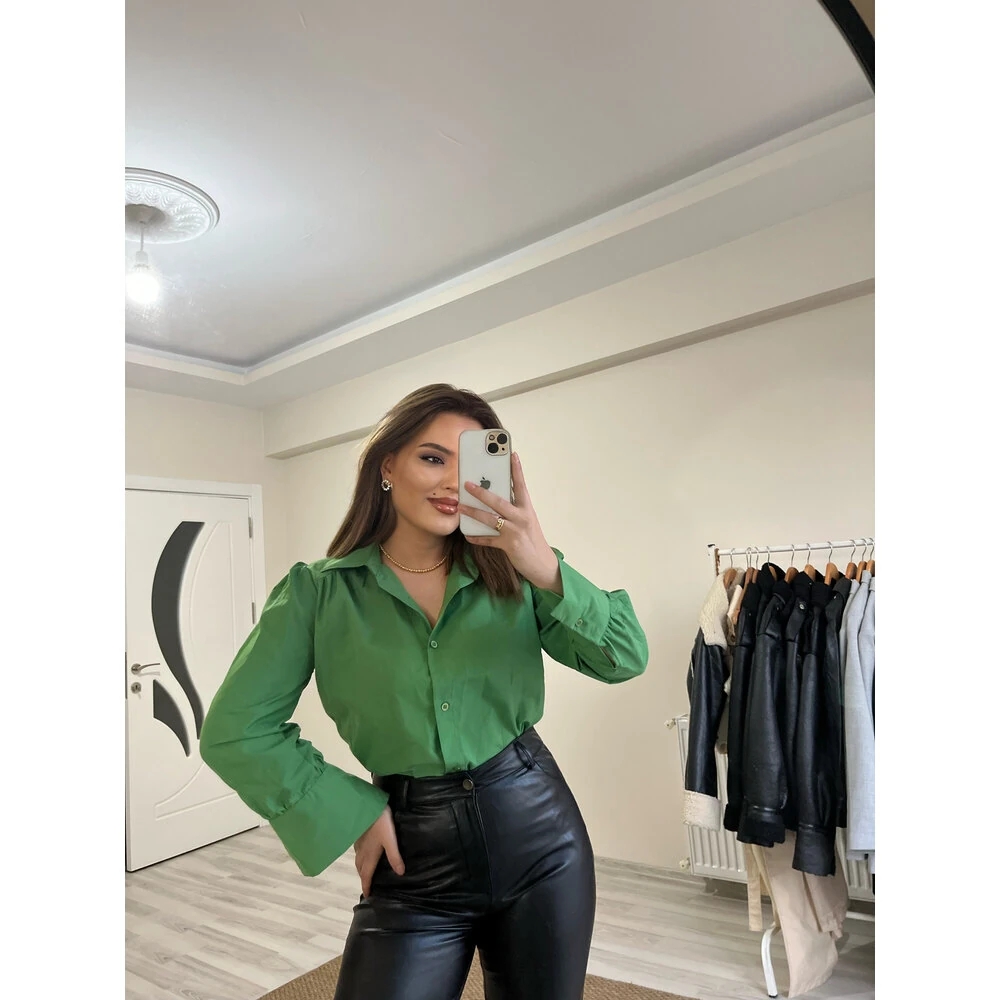 Büzgülü poplin gömlek yeşil