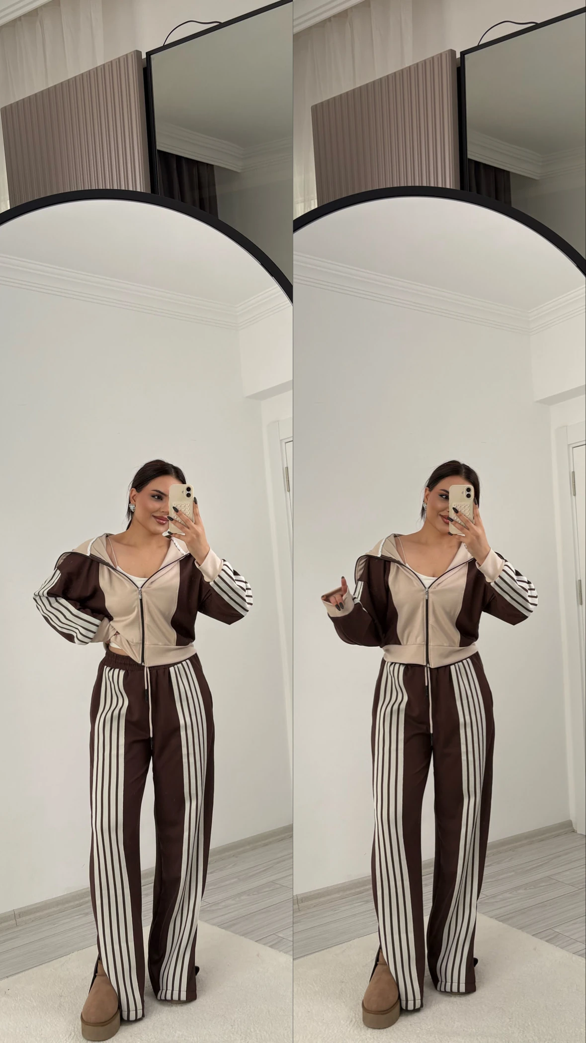 şeritli takım kahverengi