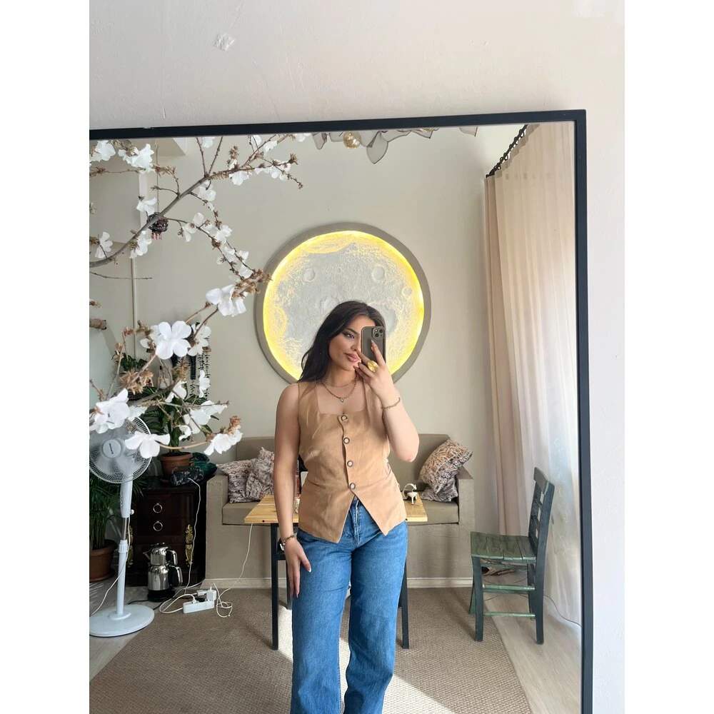 Bağlama detaylı yelek bej