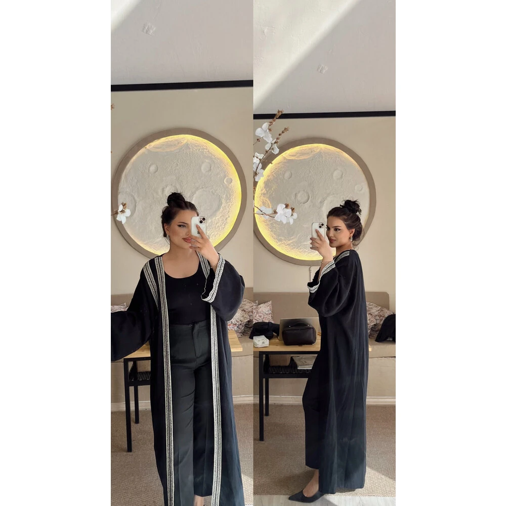 Keten uzun kimono siyah