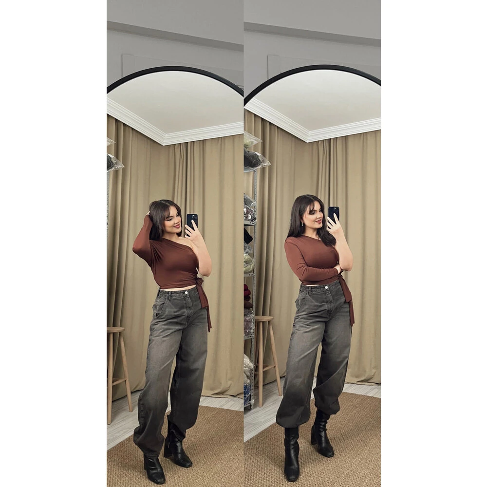 baggy jean soluk efektli füme kahve