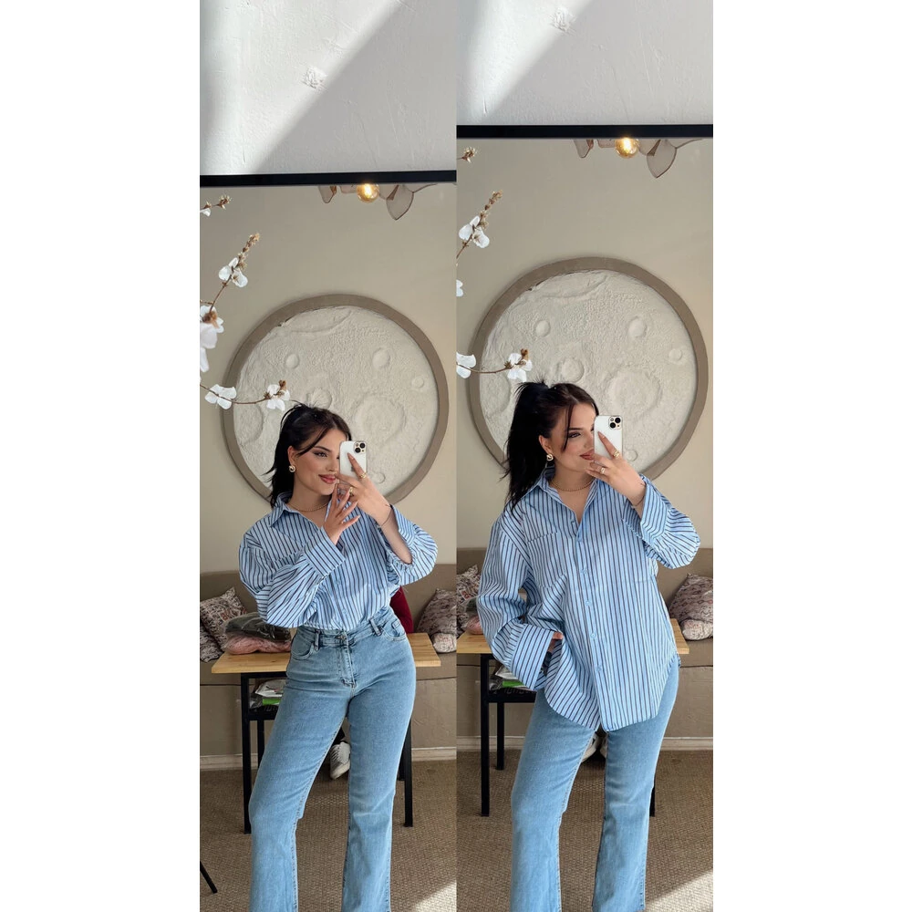 Çizgili premium gömlek mavi