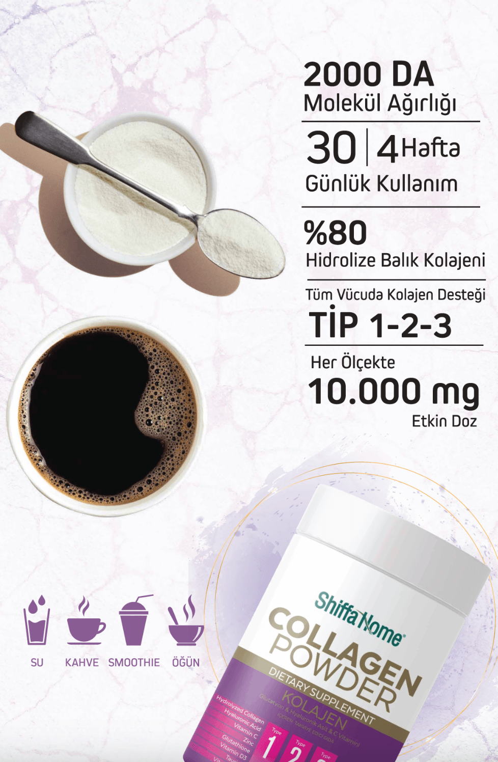Shiffa Home Kolajen, Glutatyon & Hyaluronik Asit & C Vitamini İçeren Takviye Edici Gıda