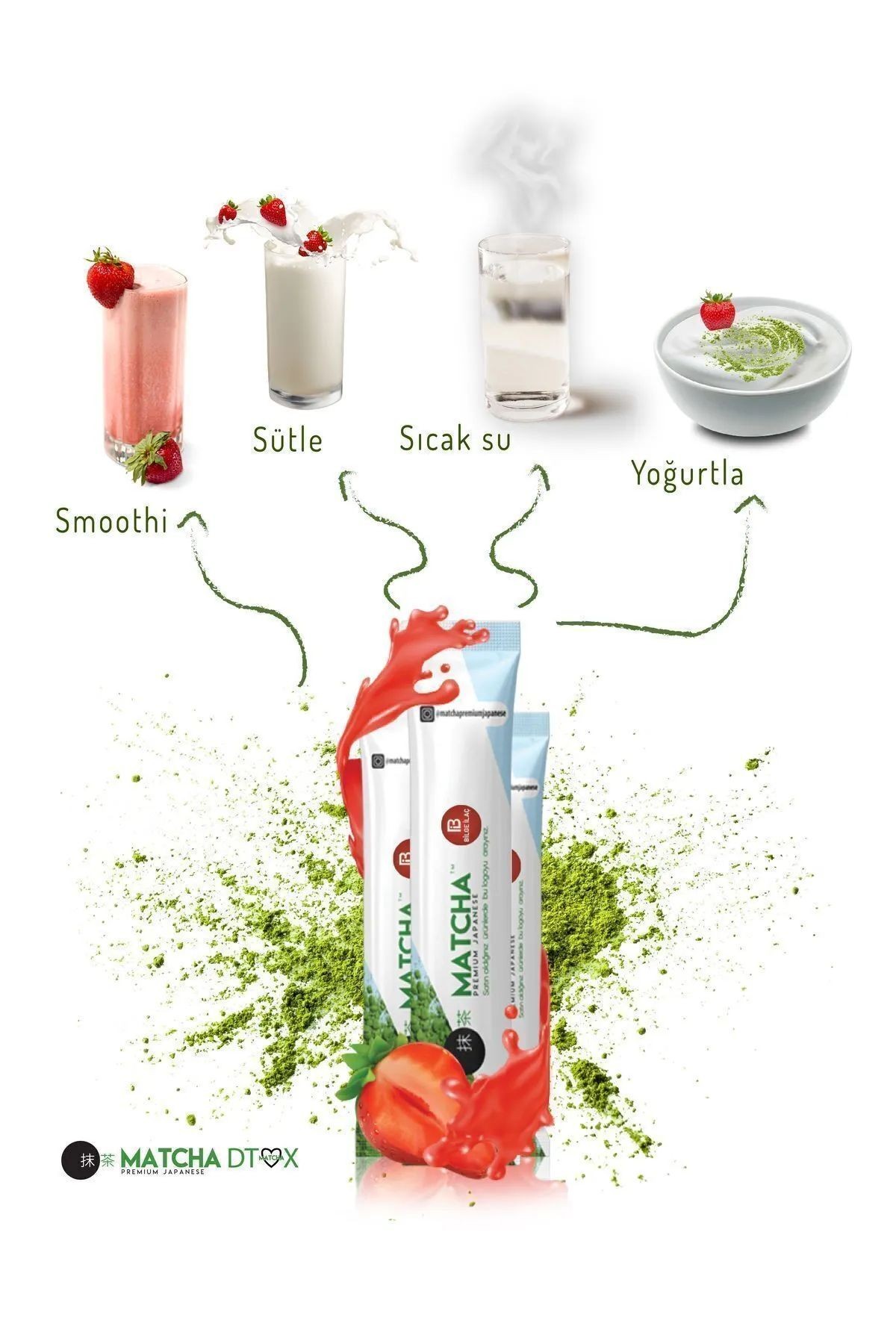 Matcha Japanese Yeşil Çay Spirulina İçeren Çilek Aromalı Matcha Çayı