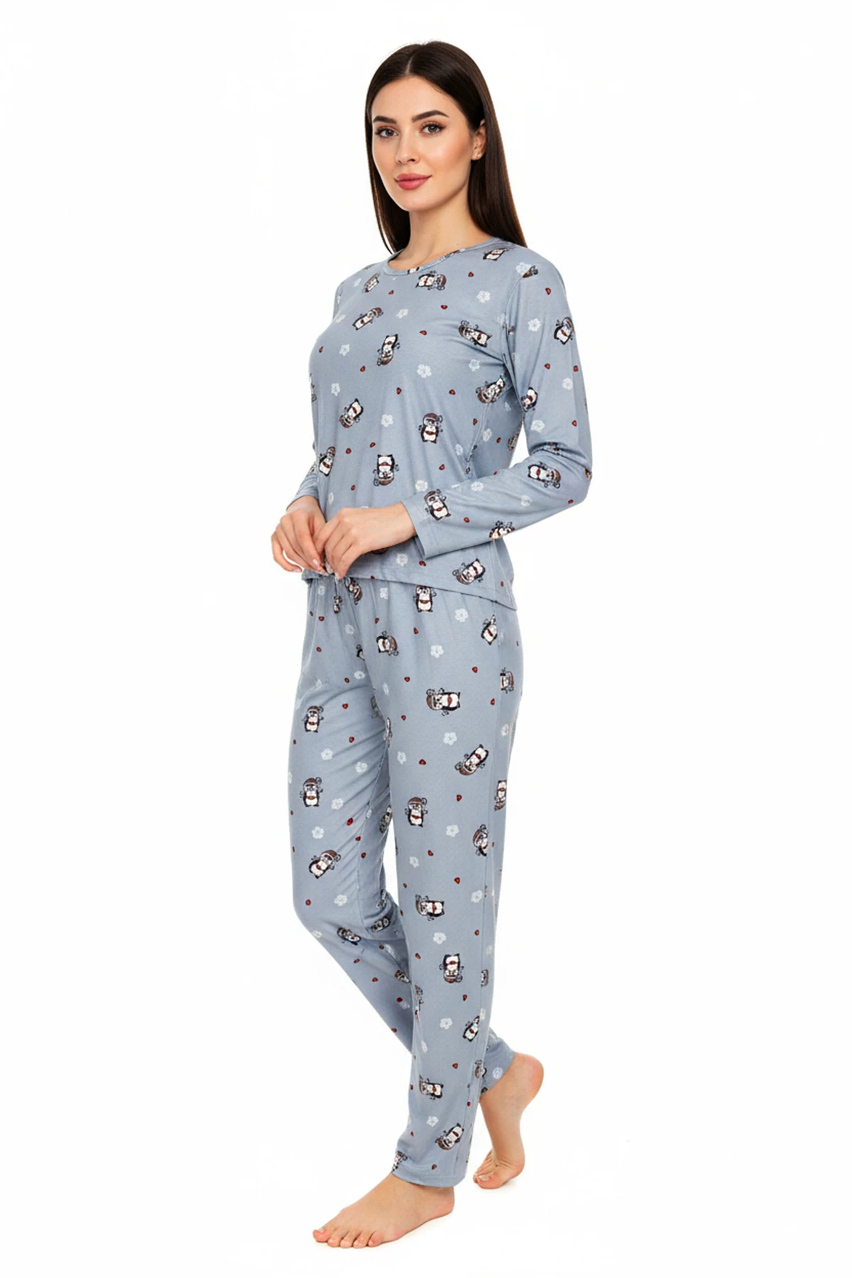 Bisiklet Yaka Süet Pijama Takımı 6009 Penguen Mavi