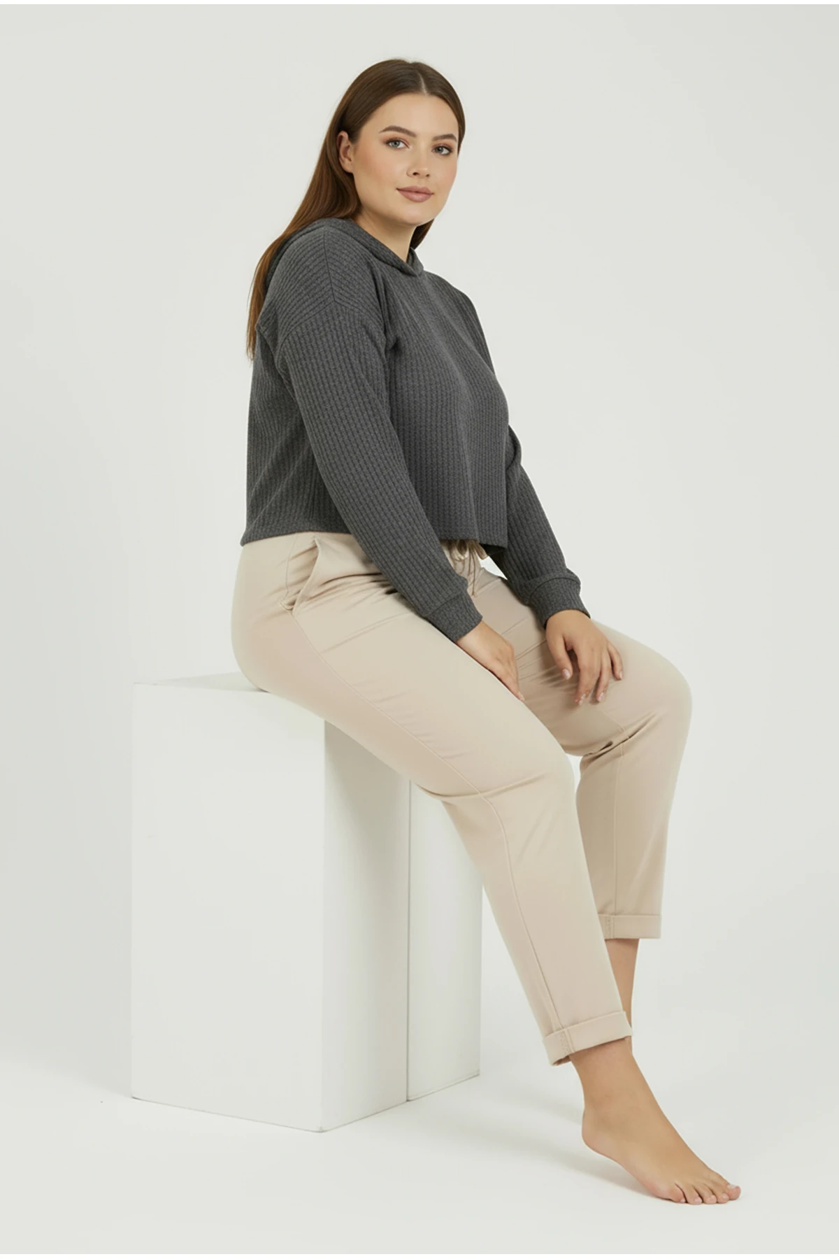 Duble Paça Büyük Beden Eşofman Altı Bej 2020